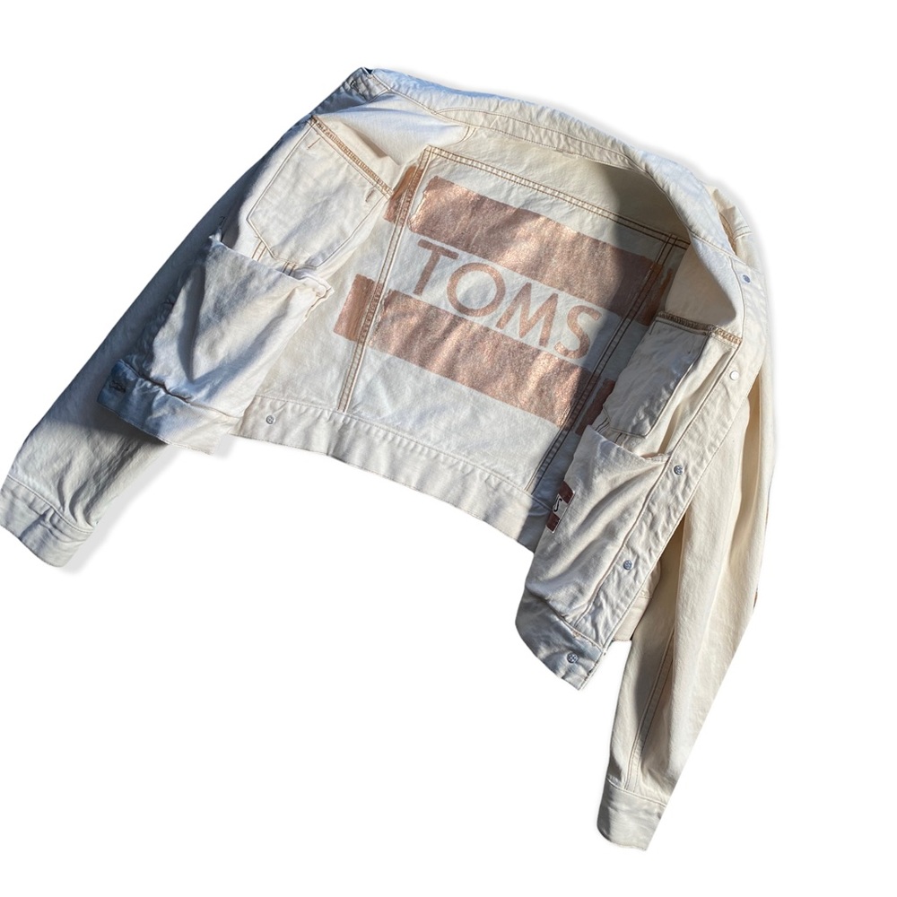 Tom's Womens white natural oatmeal gold Denim Trucker Jean Jacket size XL